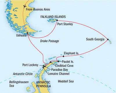 南乔治亚群岛，福克兰群岛，南极半岛航线图