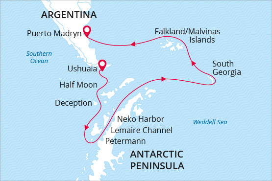 南极三岛（玛德琳回）航线图