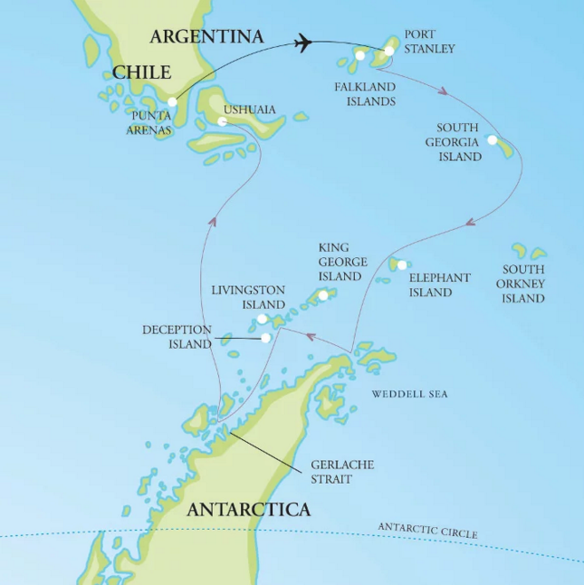 福克兰群岛，南乔治亚群岛，南极半岛航线图