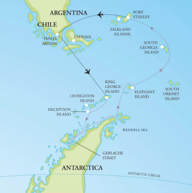 南极半岛，南乔治亚群岛，福克兰群岛航线图
